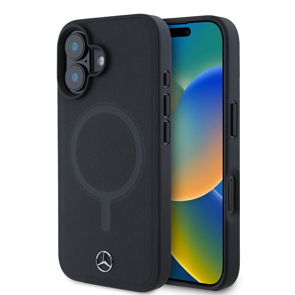 Apple iPhone 16 Kılıf Mercedes Benz Orjinal Lisanslı M-safe Şarj Özellikli Metal Yıldız Logolu Sade Pürüzsüz Deri Kapak