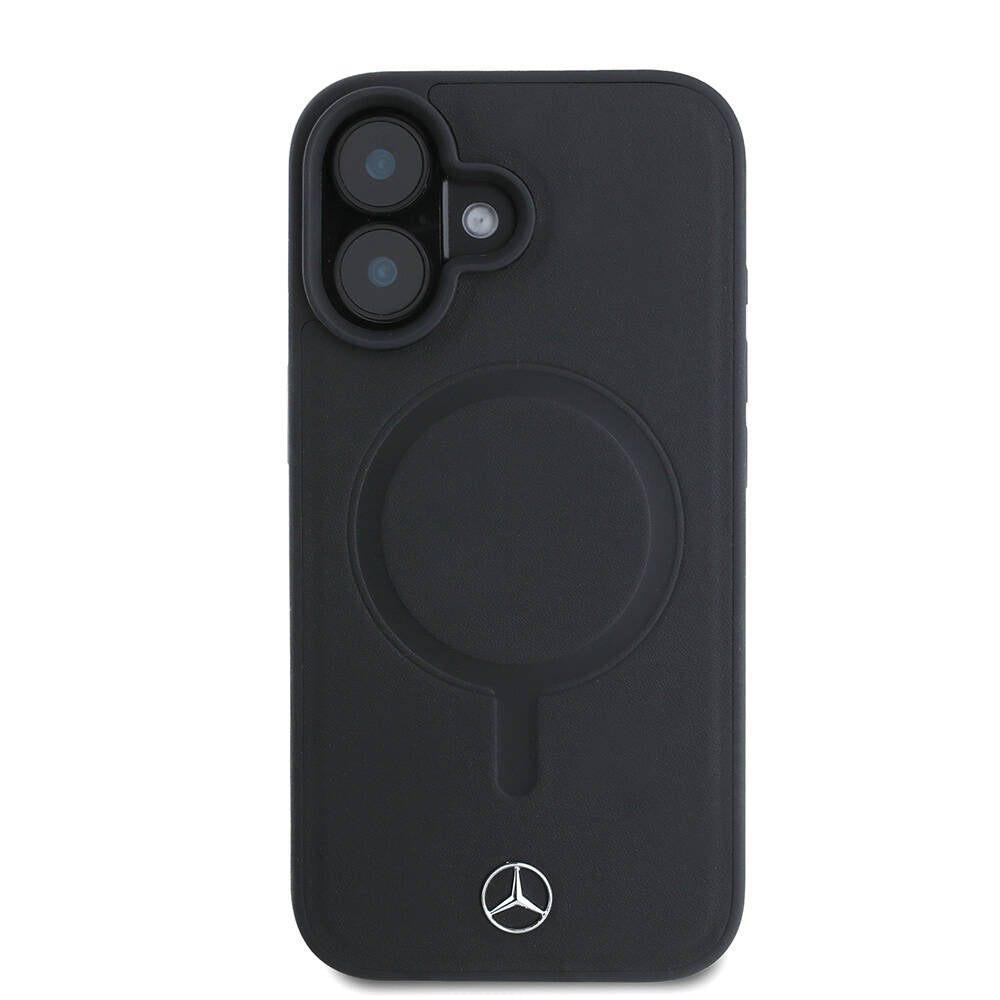 Apple iPhone 16 Case Mercedes Benz Original Licensed M-Safe Charging Feature Metal Star Logo Plain Smooth Leather Cover Black