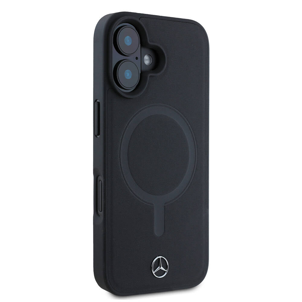 Apple iPhone 16 Case Mercedes Benz Original Licensed M-Safe Charging Feature Metal Star Logo Plain Smooth Leather Cover Black