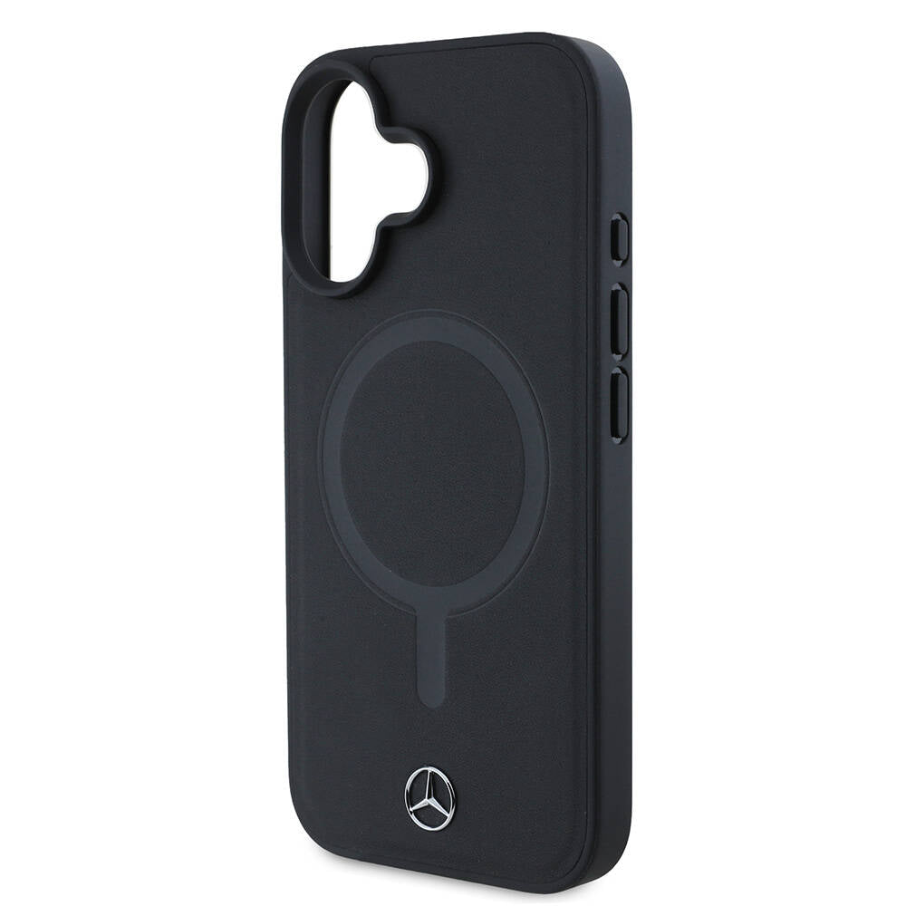 Apple iPhone 16 Case Mercedes Benz Original Licensed M-Safe Charging Feature Metal Star Logo Plain Smooth Leather Cover Black