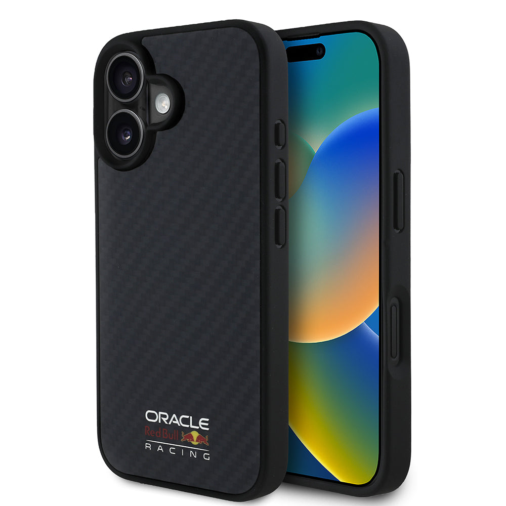 Apple iPhone 16 Case Redbull Original Licensed M-safe Charging Feature Carbon Fiber Design Shining Logo Cover Black