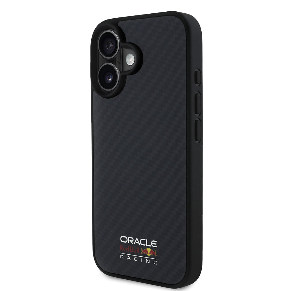 Apple iPhone 16 Case Redbull Original Licensed M-safe Charging Feature Carbon Fiber Design Shining Logo Cover Black