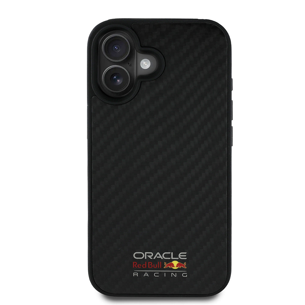 Apple iPhone 16 Case Redbull Original Licensed M-safe Charging Feature Carbon Fiber Design Shining Logo Cover Black