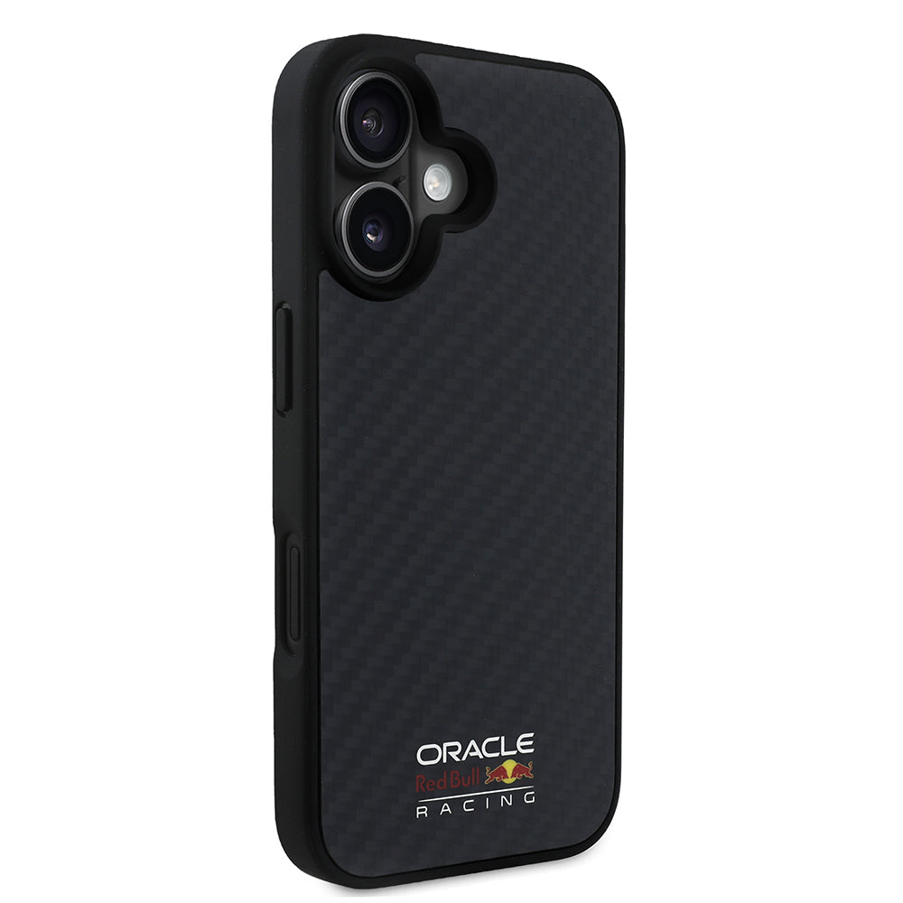 Apple iPhone 16 Case Redbull Original Licensed M-safe Charging Feature Carbon Fiber Design Shining Logo Cover Black