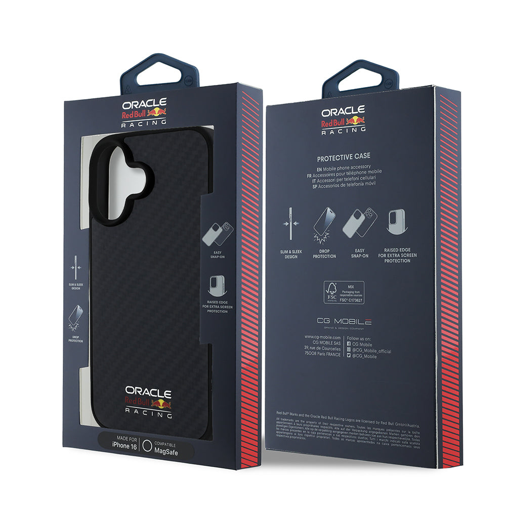 Apple iPhone 16 Case Redbull Original Licensed M-safe Charging Feature Carbon Fiber Design Shining Logo Cover Black