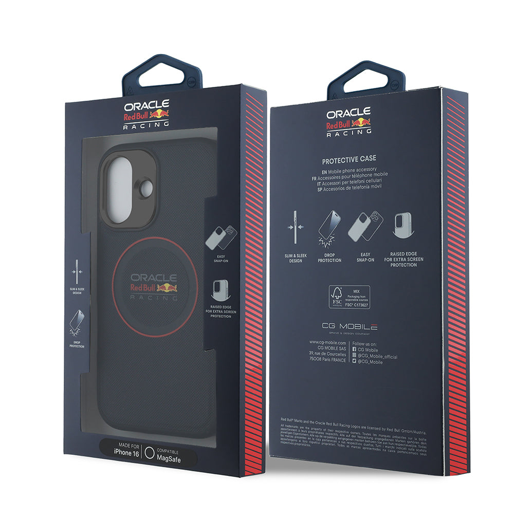 Apple iPhone 16 Kılıf Redbull Orjinal Lisanslı M-safe Şarj Özellikli Kırmızı Halka ve Logo Kabartmalı PU Deri Kapak Lacivert