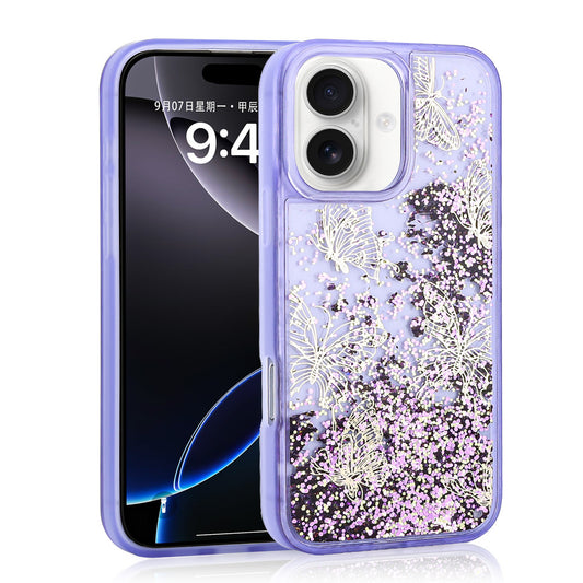 Apple iPhone 16 Case Liquid Glitter Butterfly Printed Transparent Back Surface Zore Glis Silicone Cover Purple