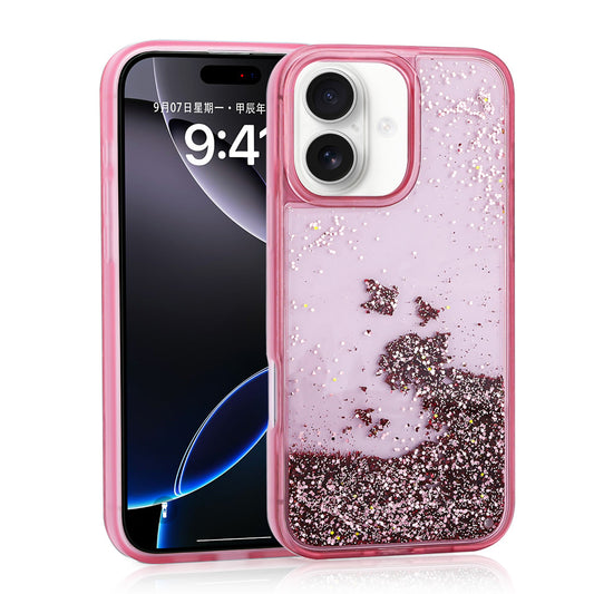 Apple iPhone 16 Case Liquid Glitter Transparent Back Surface Zore Keto Silicone Cover Pink