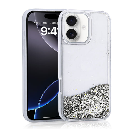 Apple iPhone 16 Case Liquid Glitter Transparent Back Surface Zore Keto Silicone Cover Silver