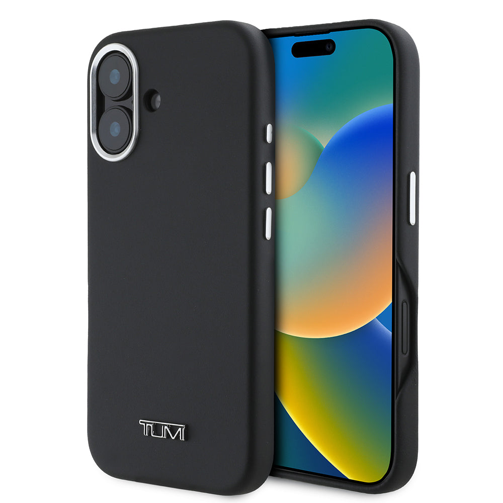 Apple iPhone 16 Kılıf TUMI Orjinal Lisanslı M-safe Şarj Özellikli Metal Yazı Logolu PU Deri Kapak Siyah