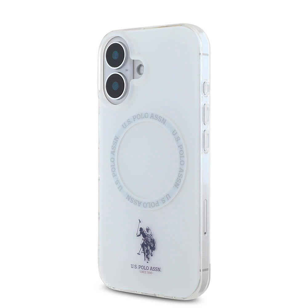 Apple iPhone 16 Case US Polo Assn. Original Licensed M-Safe Charging Feature IML Double Horse Logo Ring Cover White