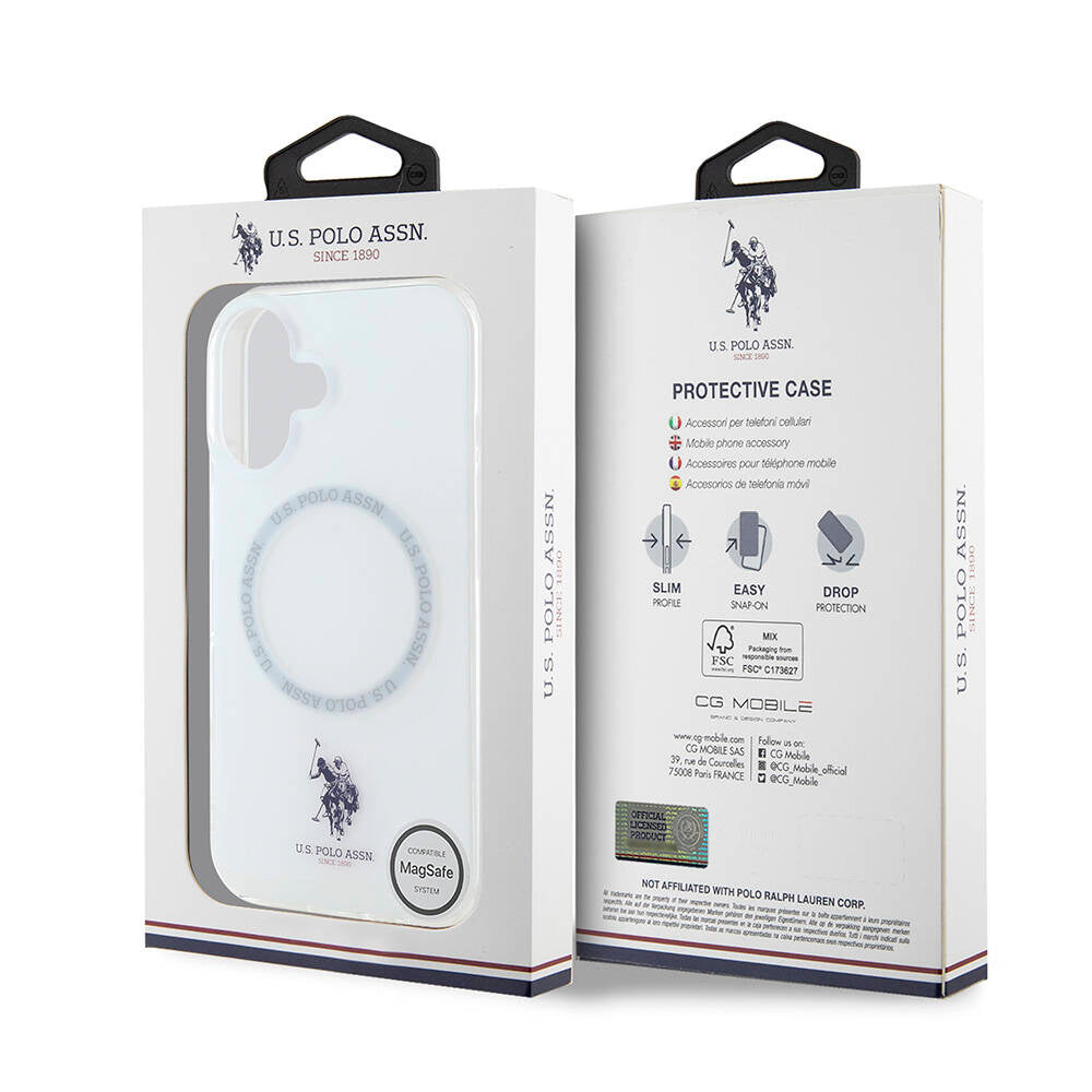 Apple iPhone 16 Case US Polo Assn. Original Licensed M-Safe Charging Feature IML Double Horse Logo Ring Cover White
