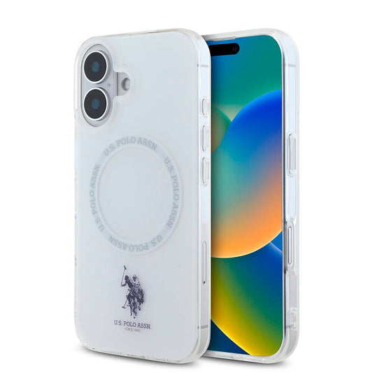 Apple iPhone 16 Case US Polo Assn. Original Licensed M-Safe Charging Feature IML Double Horse Logo Ring Cover White