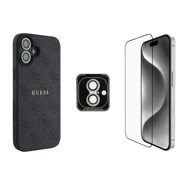 Apple iPhone 16 Plus Guess Orjinal Lisanslı Kılıf + Ekran Koruyucu + Lens Koruyucu 3in1 Aksesuar Seti Kahverengi