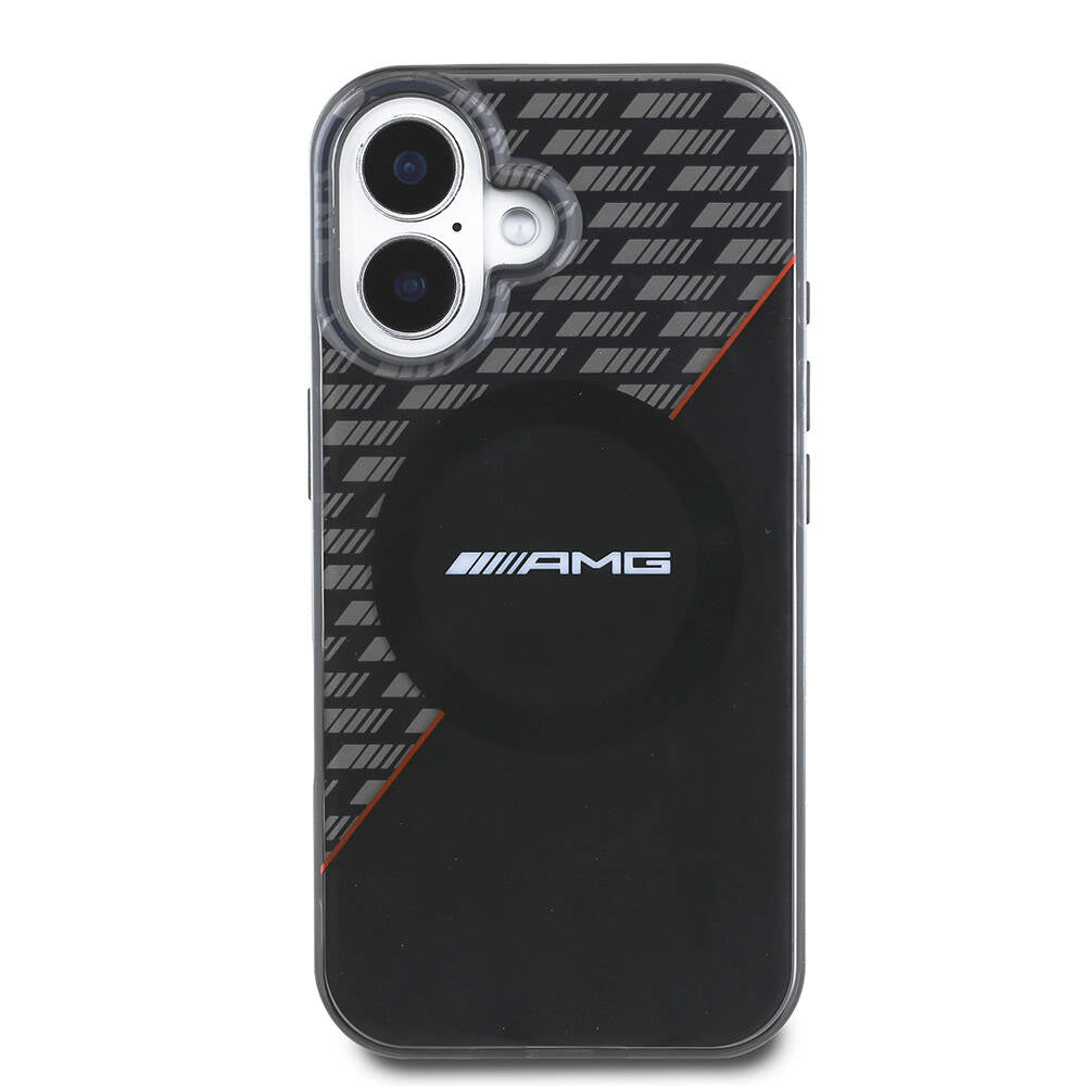 Apple iPhone 16 Plus Case AMG Original Licensed M-Safe Charging Feature Double Layer Red Cross Striped Cover Black-Red