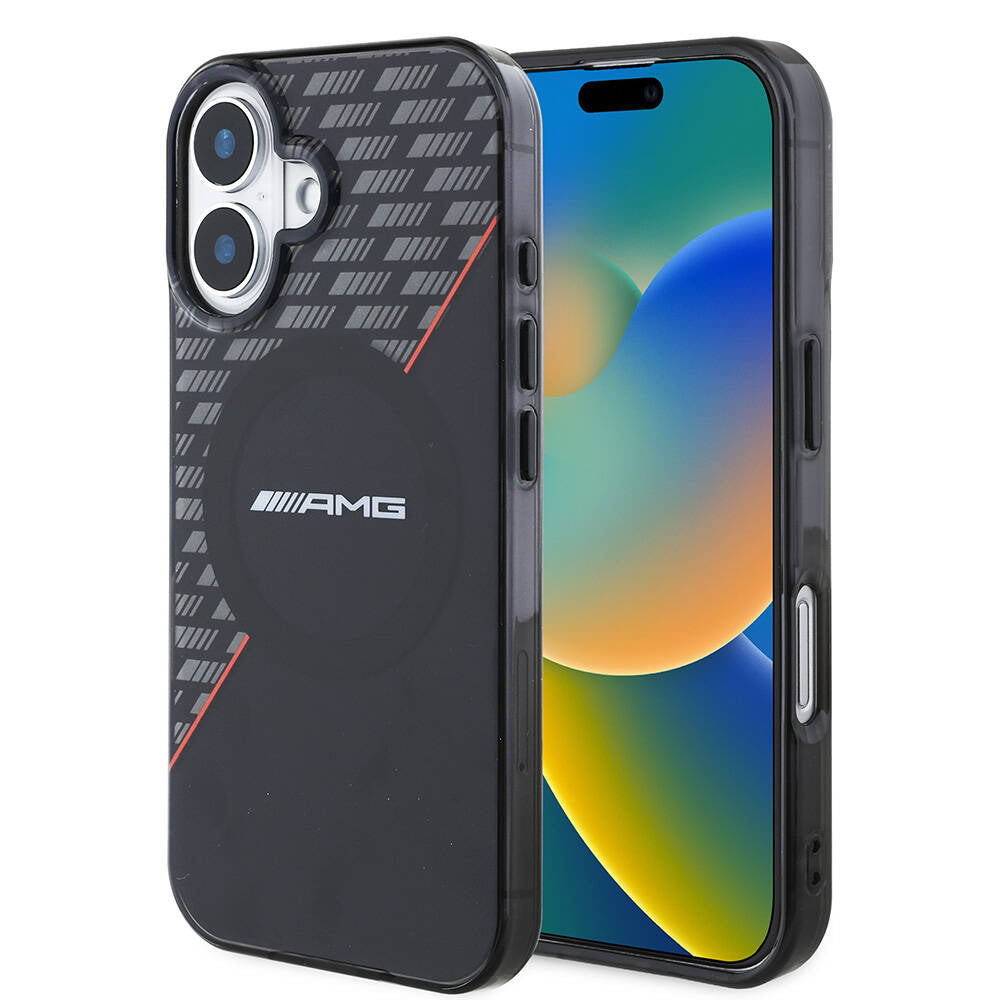 Apple iPhone 16 Plus Case AMG Original Licensed M-Safe Charging Feature Double Layer Red Cross Striped Cover Black-Red