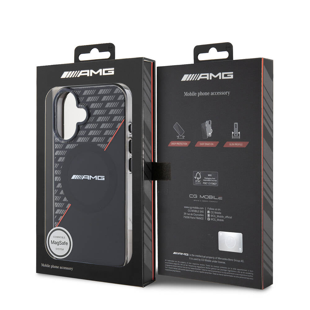 Apple iPhone 16 Plus Case AMG Original Licensed M-Safe Charging Feature Double Layer Red Cross Striped Cover Black-Red
