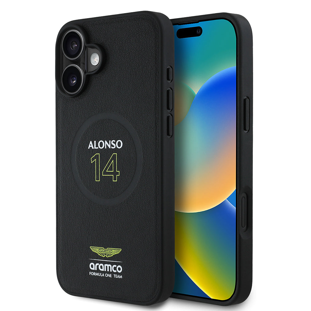 Apple iPhone 16 Plus Case Aston Martin Original Licensed M-Safe Charging Feature PU Leather Alonso 14 Printed Cover Black