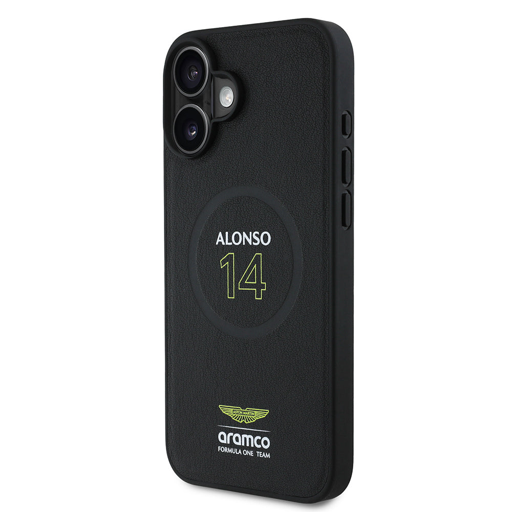 Apple iPhone 16 Plus Case Aston Martin Original Licensed M-Safe Charging Feature PU Leather Alonso 14 Printed Cover Black