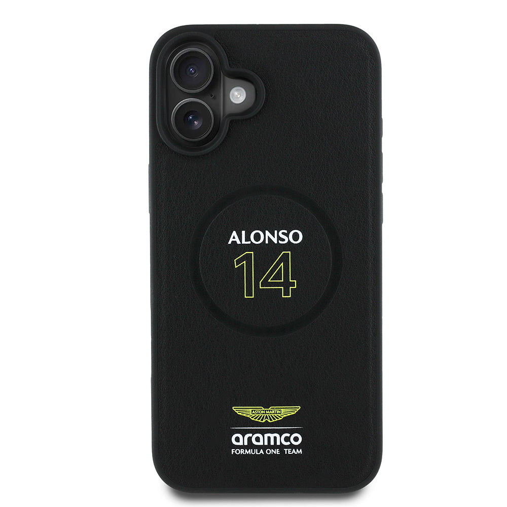 Apple iPhone 16 Plus Case Aston Martin Original Licensed M-Safe Charging Feature PU Leather Alonso 14 Printed Cover Black