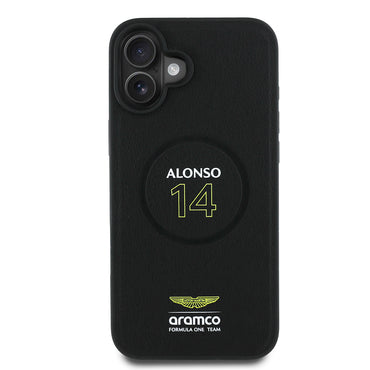 Apple iPhone 16 Plus Kılıf Aston Martin Orjinal Lisanslı M-safe Şarj Özellikli PU Deri Alonso 14 Baskılı Kapak Siyah