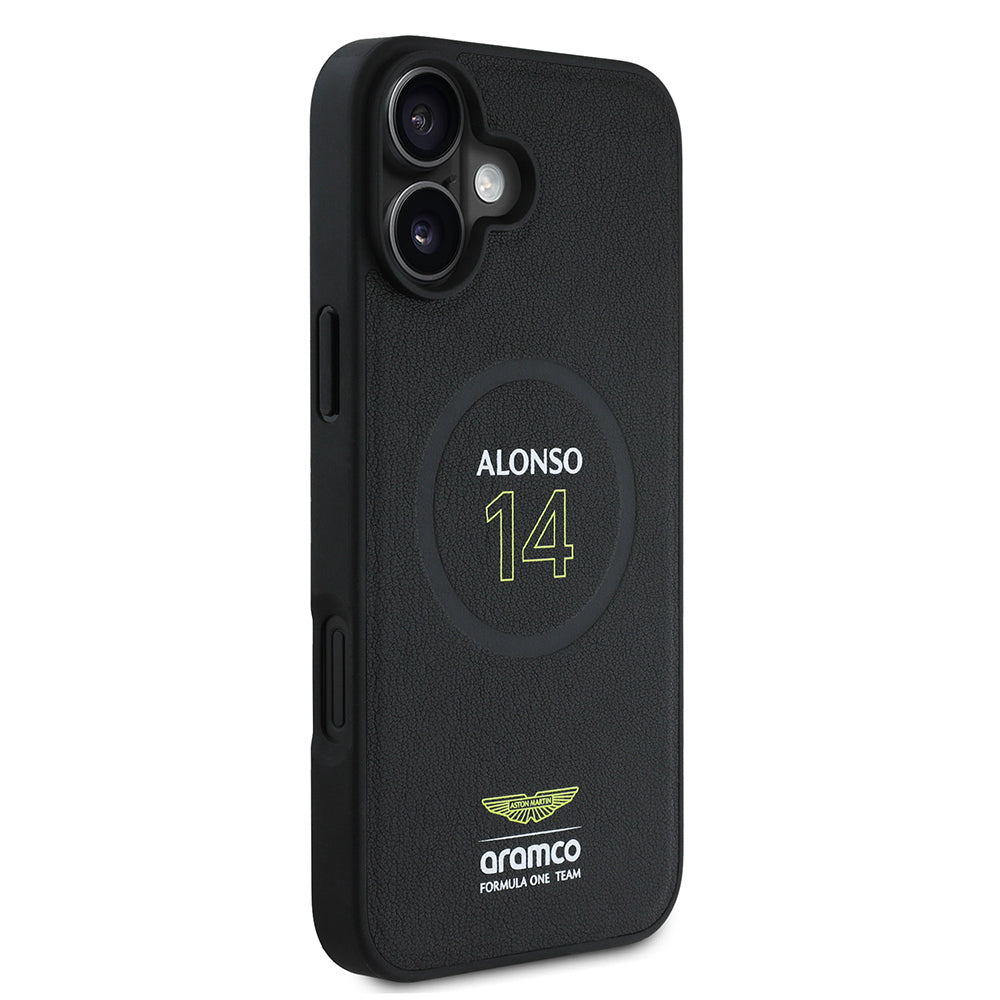 Apple iPhone 16 Plus Case Aston Martin Original Licensed M-Safe Charging Feature PU Leather Alonso 14 Printed Cover Black