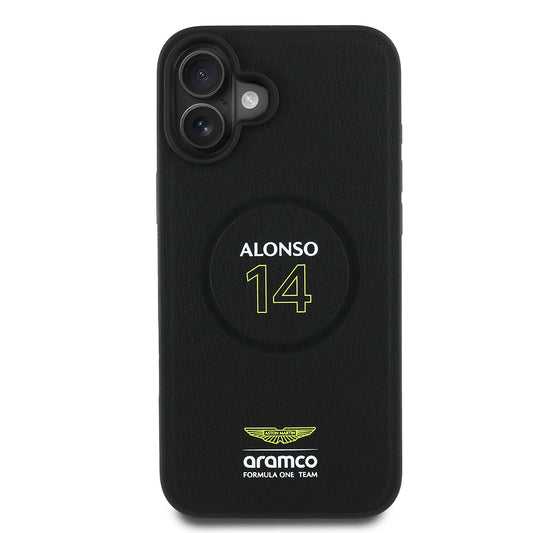 Apple iPhone 16 Plus Kılıf Aston Martin Orjinal Lisanslı M-safe Şarj Özellikli PU Deri Alonso 14 Baskılı Kapak Siyah