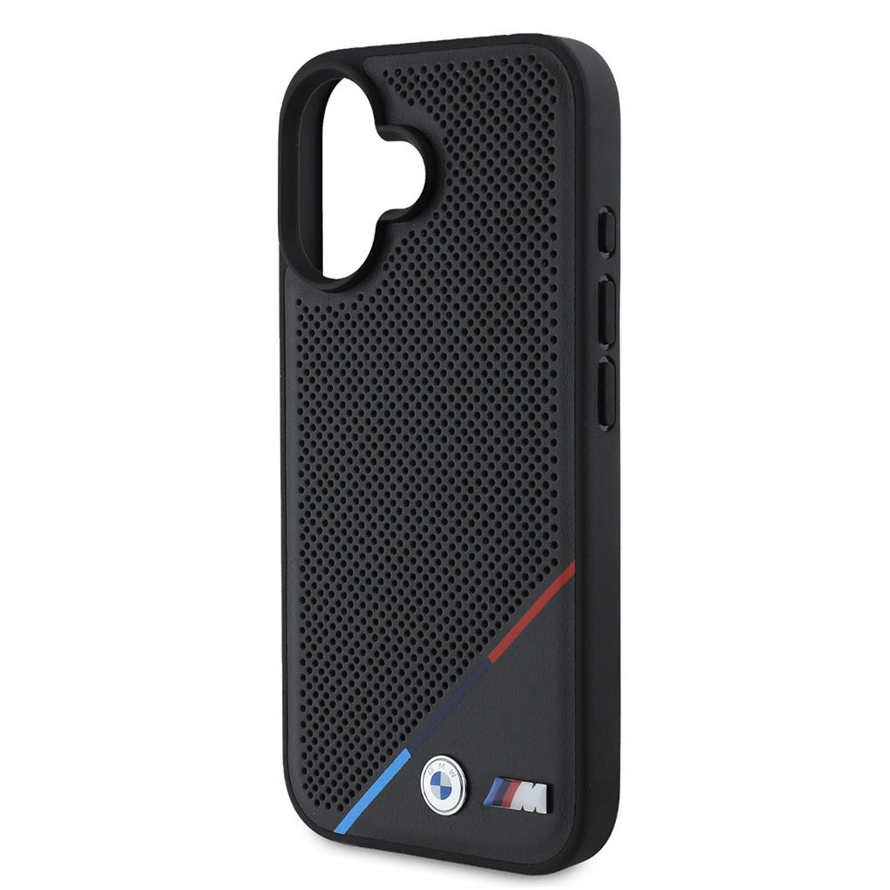 Apple iPhone 16 Plus Case BMW Original Licensed M-Safe Charging Feature M Logo Three Striped Perforated Leather Cover Black