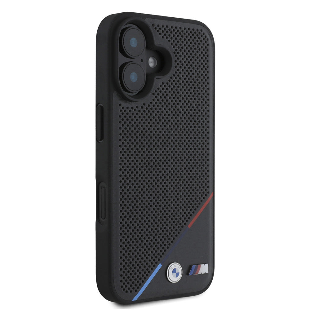Apple iPhone 16 Plus Case BMW Original Licensed M-Safe Charging Feature M Logo Three Striped Perforated Leather Cover Black