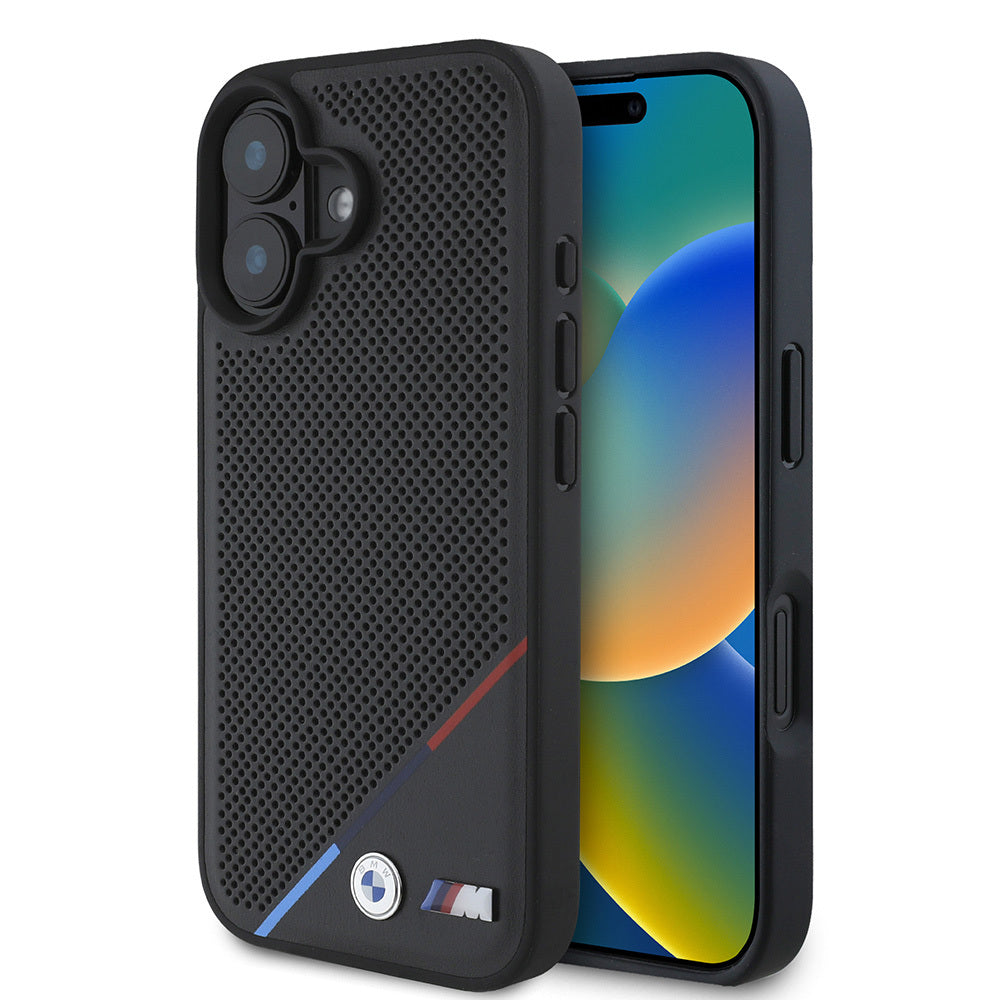 Apple iPhone 16 Plus Case BMW Original Licensed M-Safe Charging Feature M Logo Three Striped Perforated Leather Cover Black