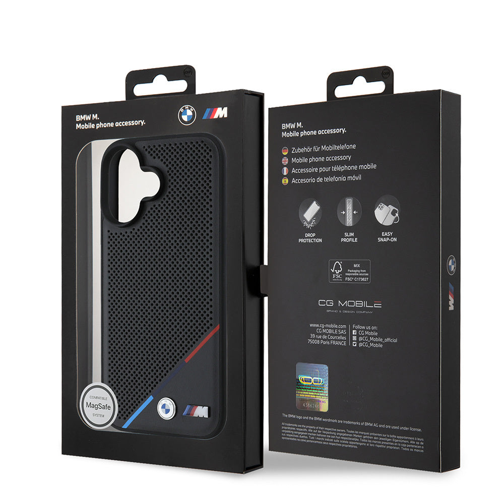 Apple iPhone 16 Plus Case BMW Original Licensed M-Safe Charging Feature M Logo Three Striped Perforated Leather Cover Black
