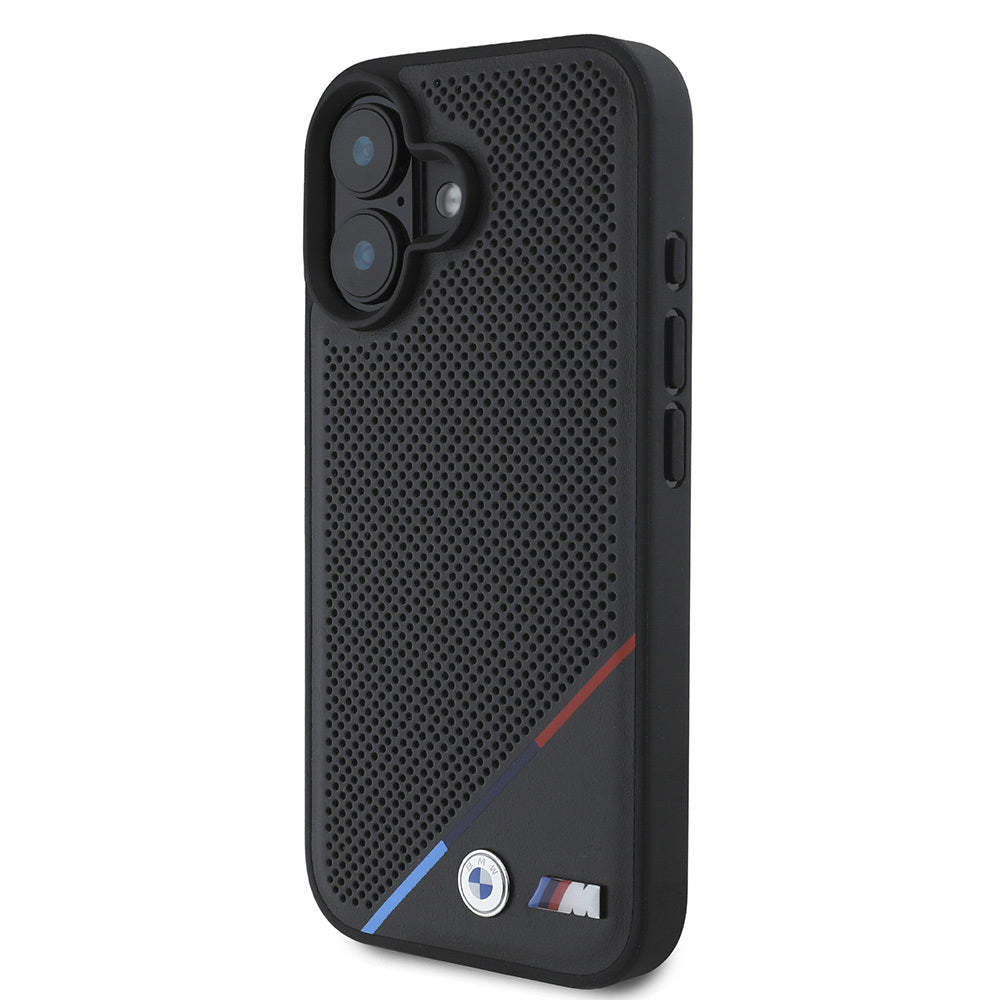 Apple iPhone 16 Plus Case BMW Original Licensed M-Safe Charging Feature M Logo Three Striped Perforated Leather Cover Black