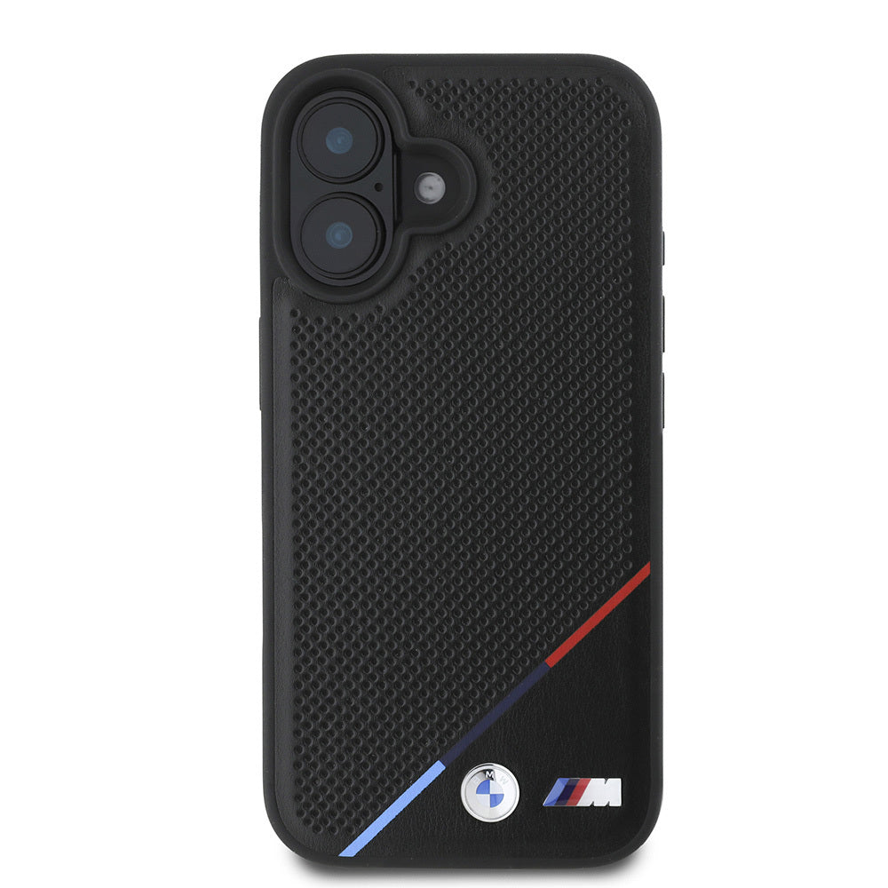 Apple iPhone 16 Plus Case BMW Original Licensed M-Safe Charging Feature M Logo Three Striped Perforated Leather Cover Black
