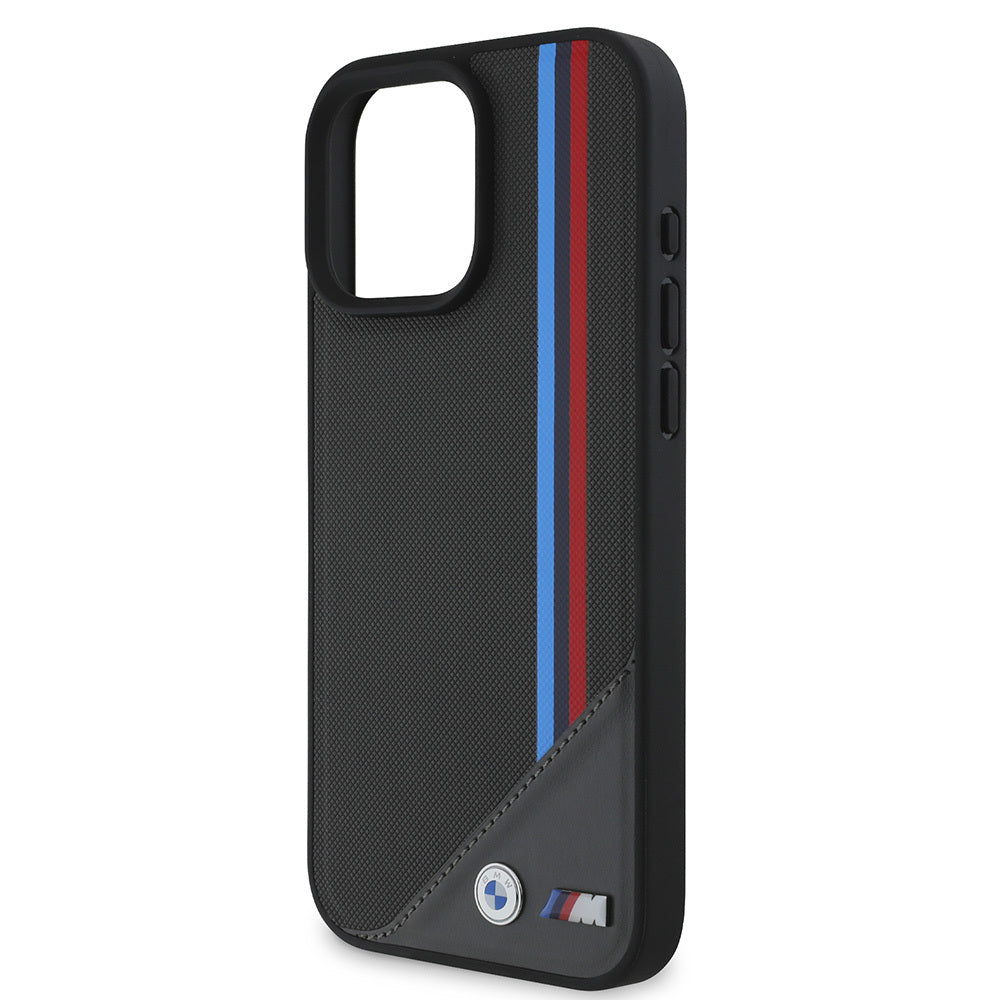Apple iPhone 16 Plus Case BMW Original Licensed M-Safe Charging Feature M Logo Three Striped Stitch Detail Meshed Tricolor Stripes Cover Black
