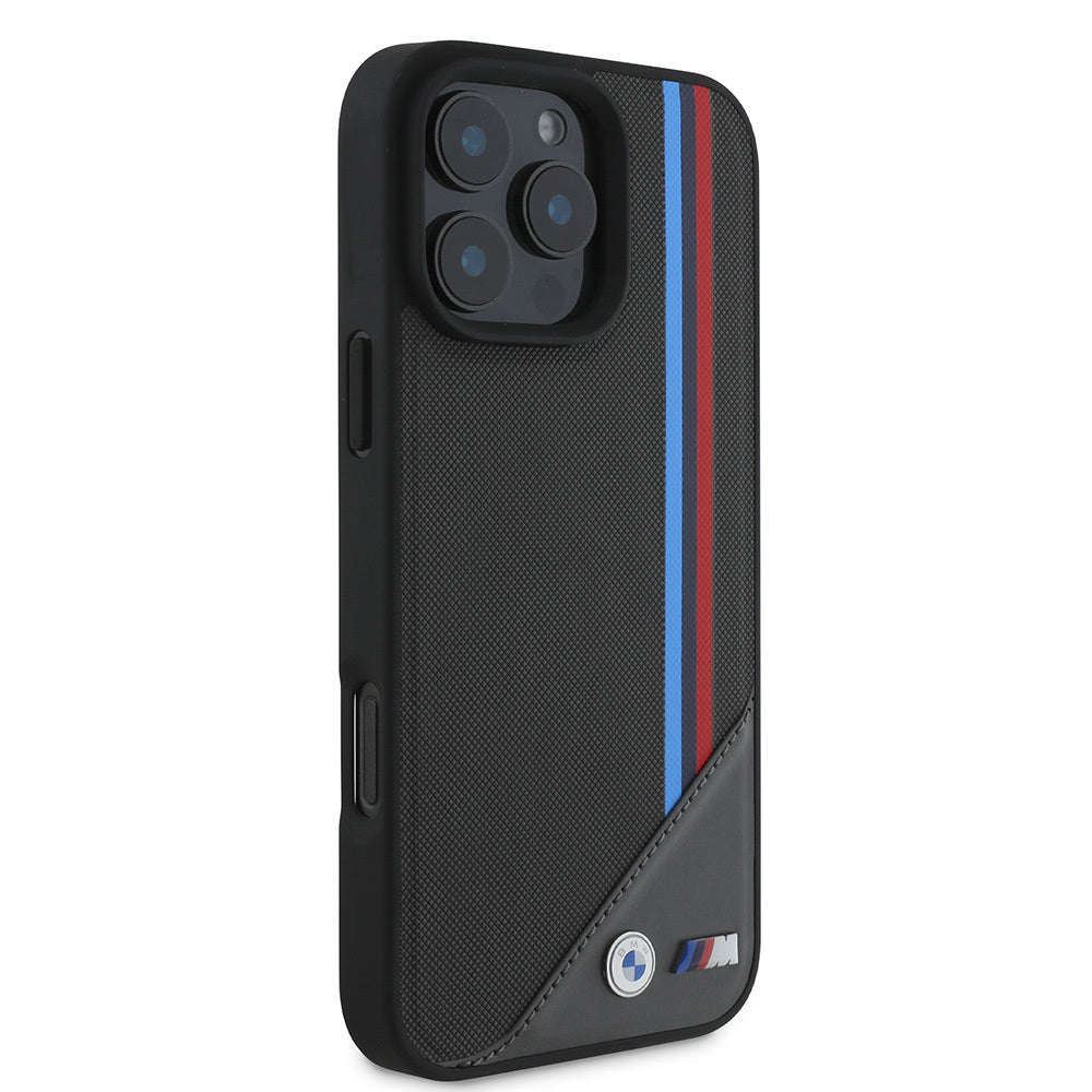 Apple iPhone 16 Plus Case BMW Original Licensed M-Safe Charging Feature M Logo Three Striped Stitch Detail Meshed Tricolor Stripes Cover Black
