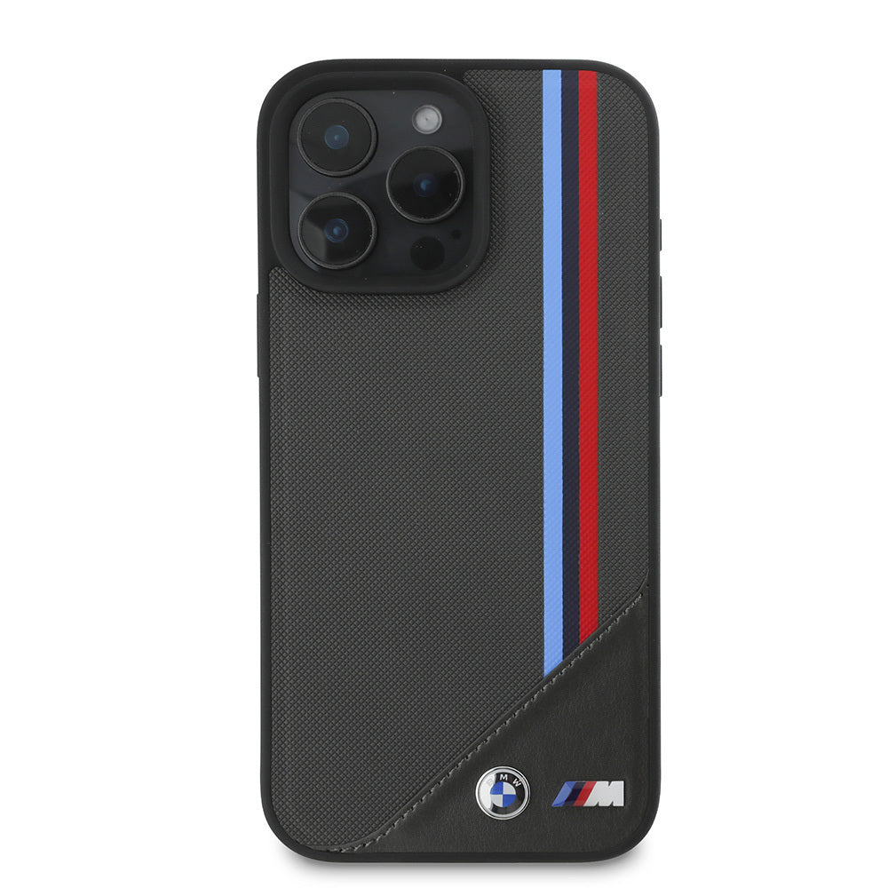 Apple iPhone 16 Plus Case BMW Original Licensed M-Safe Charging Feature M Logo Three Striped Stitch Detail Meshed Tricolor Stripes Cover Black