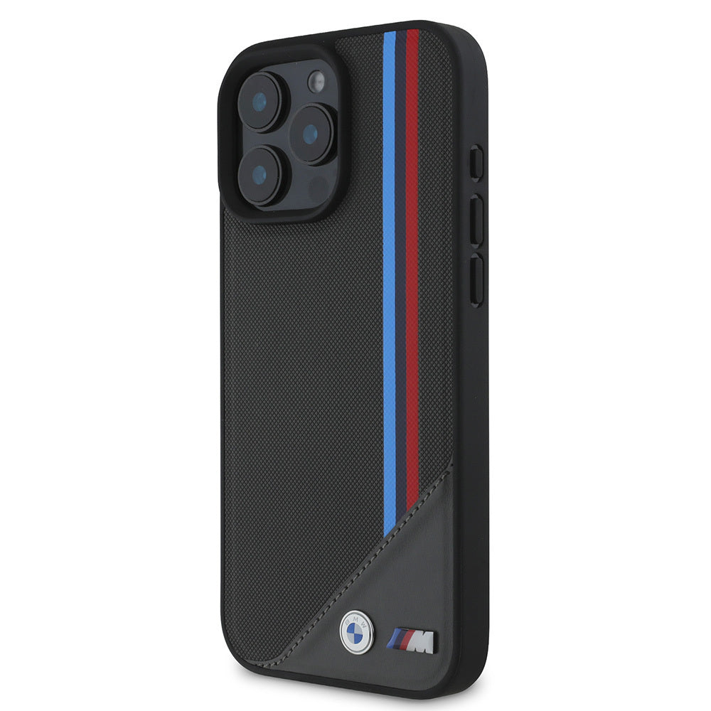 Apple iPhone 16 Plus Case BMW Original Licensed M-Safe Charging Feature M Logo Three Striped Stitch Detail Meshed Tricolor Stripes Cover Black