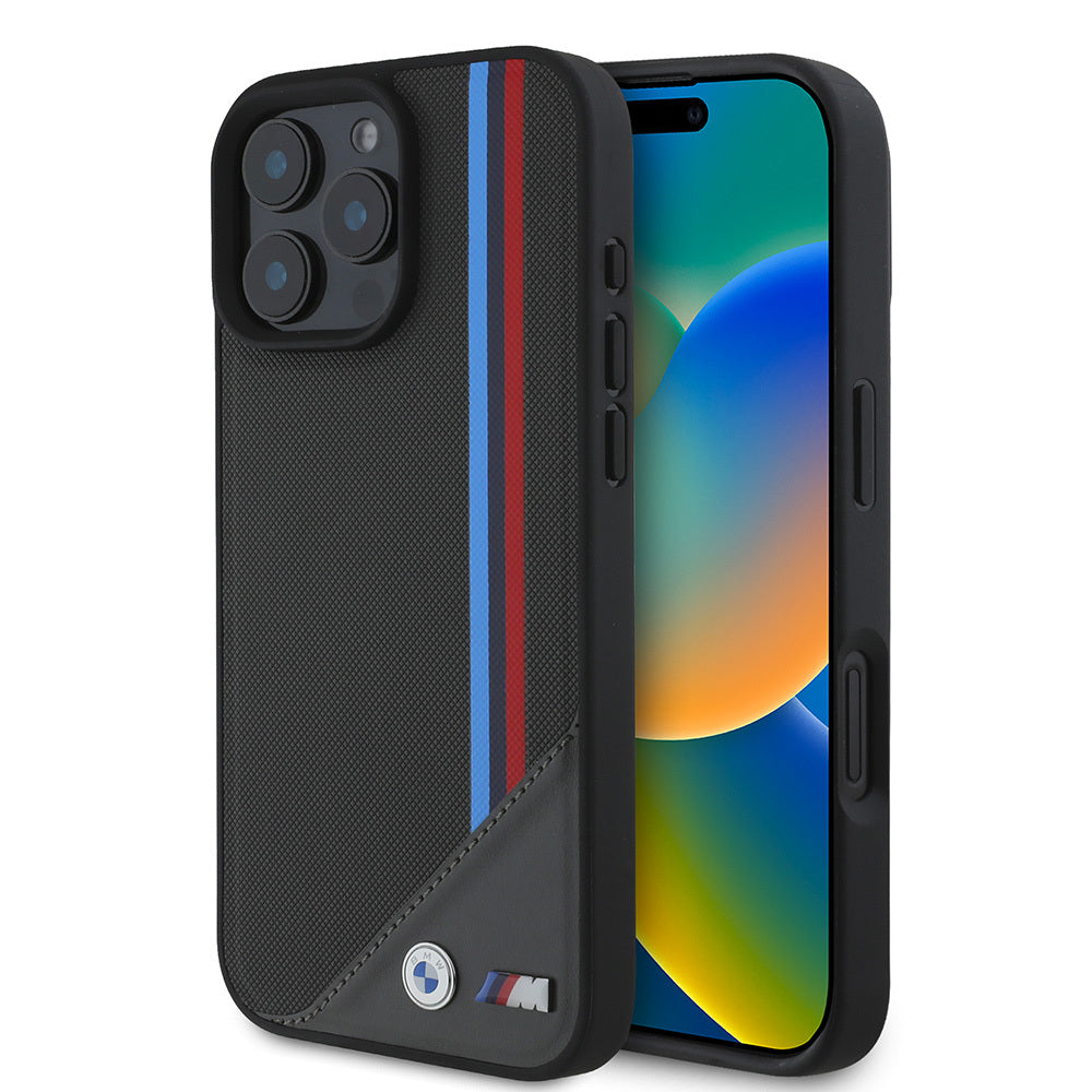 Apple iPhone 16 Plus Case BMW Original Licensed M-Safe Charging Feature M Logo Three Striped Stitch Detail Meshed Tricolor Stripes Cover Black