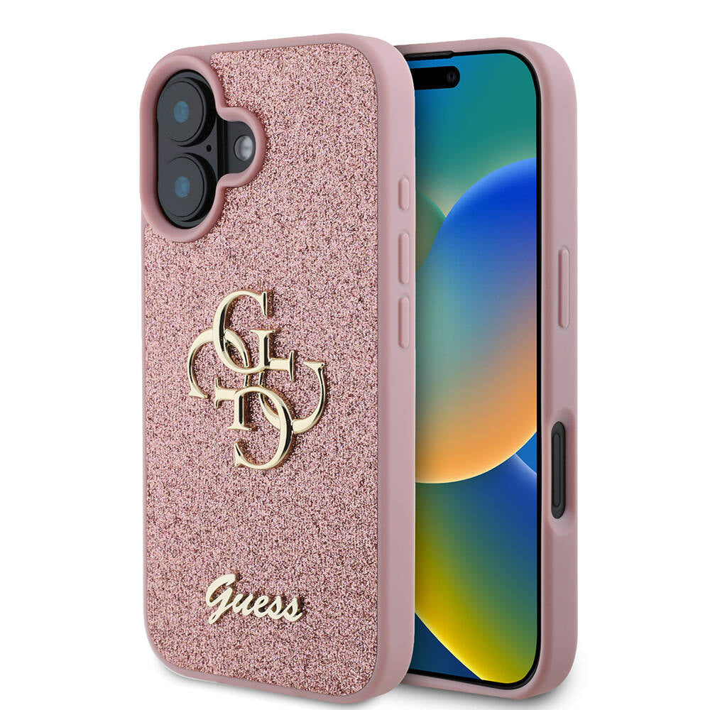 Apple iPhone 16 Plus Case Guess Original Licensed 4G Large Metal Logo Glitter Cover Pink