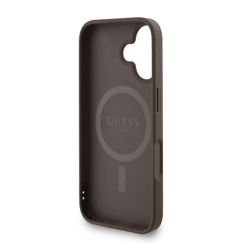 Apple iPhone 16 Plus Kılıf Guess Orjinal Lisanslı M-safe Şarj Özellikli PU Deri Bilek Askı İpli Yazı Logolu Kapak Pembe
