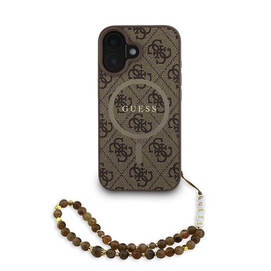 Apple iPhone 16 Plus Case Guess Original Licensed M-safe Charging Function PU Leather Wrist Strap Rope Cover with Text Logo Brown