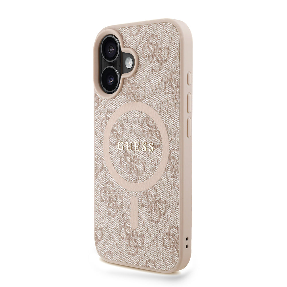 Apple iPhone 16 Plus Kılıf Guess Orjinal Lisanslı M-safe Şarj Özellikli PU Deri Bilek Askı İpli Yazı Logolu Kapak Pembe