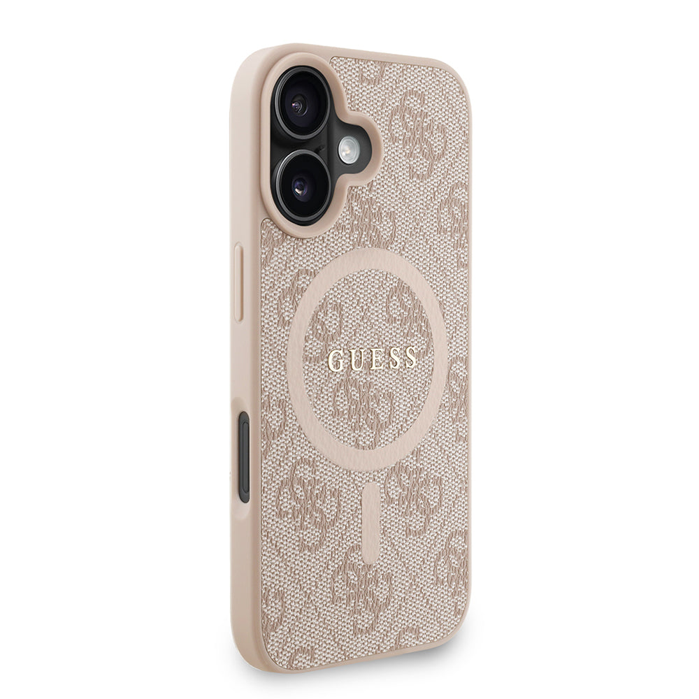 Apple iPhone 16 Plus Kılıf Guess Orjinal Lisanslı M-safe Şarj Özellikli PU Deri Bilek Askı İpli Yazı Logolu Kapak Pembe