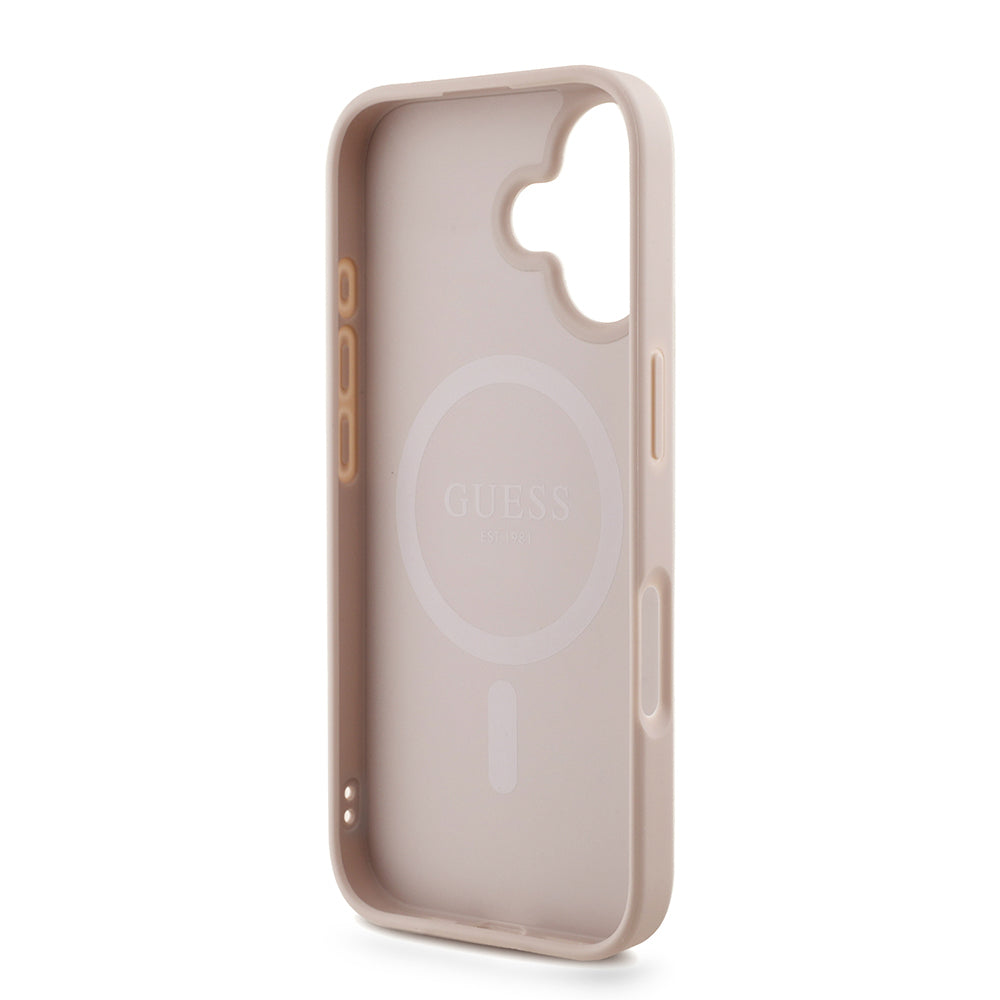 Apple iPhone 16 Plus Kılıf Guess Orjinal Lisanslı M-safe Şarj Özellikli PU Deri Bilek Askı İpli Yazı Logolu Kapak Pembe
