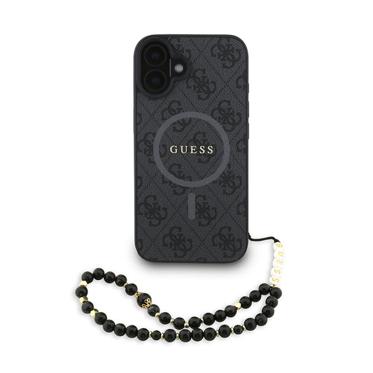 Apple iPhone 16 Plus Case Guess Original Licensed M-safe Charging Function PU Leather Wrist Strap Rope Cover with Text Logo Black