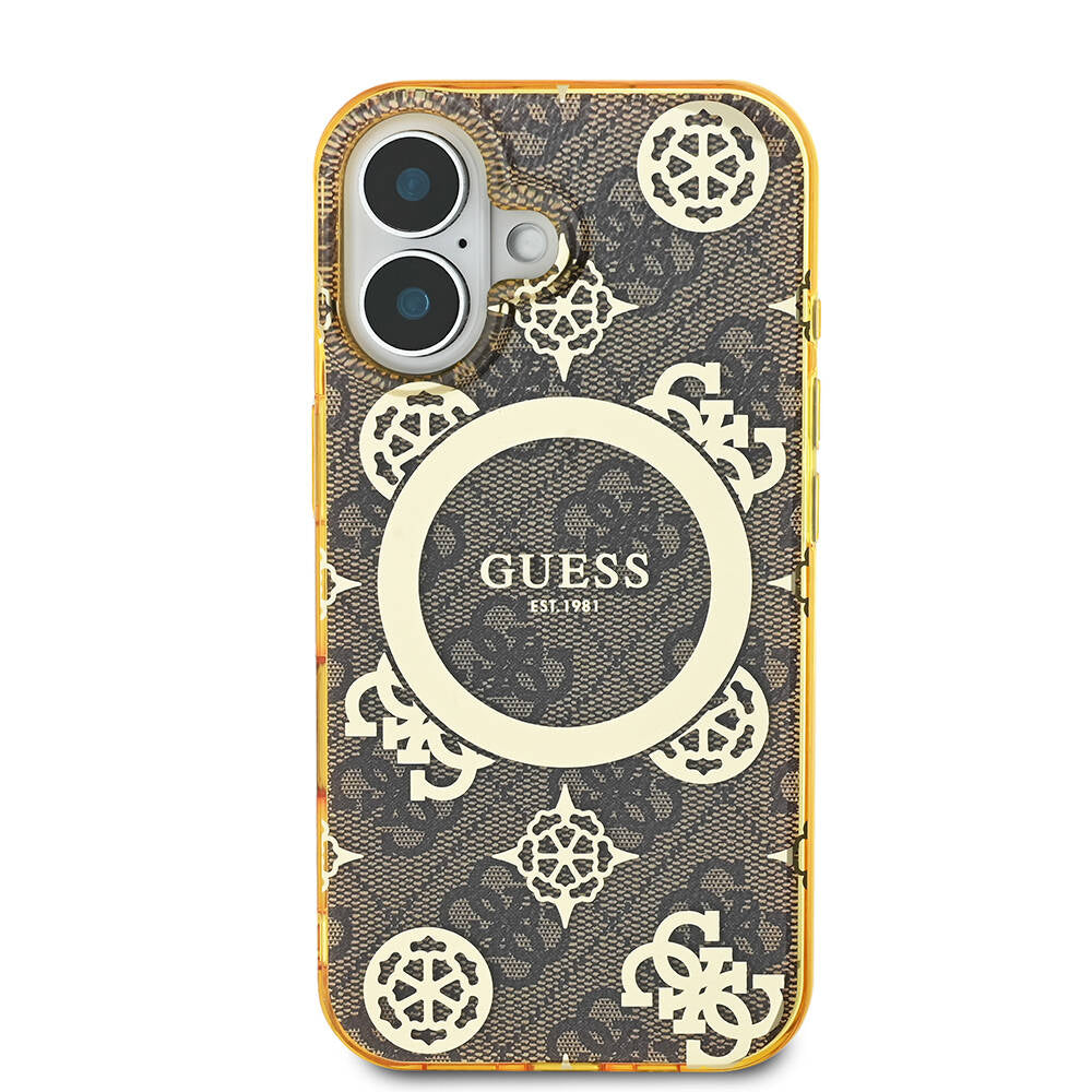 Apple iPhone 16 Plus Case Guess Original Licensed M-safe Charging Feature 4G Patterned IML Text Logo Peony Cover Brown