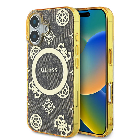Apple iPhone 16 Plus Kılıf Guess Orjinal Lisanslı M-safe Şarj Özellikli 4G Desenli IML Yazı Logolu Peony Kapak Kahverengi