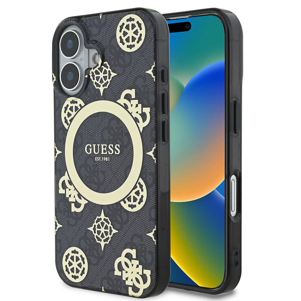 Apple iPhone 16 Plus Case Guess Original Licensed M-safe Charging Feature 4G Patterned IML Text Logo Peony Cover Pink