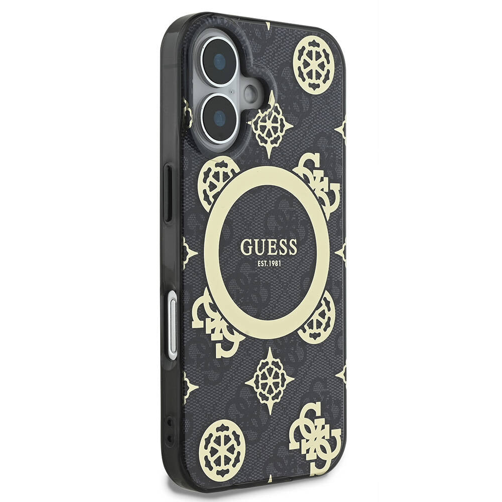 Apple iPhone 16 Plus Case Guess Original Licensed M-safe Charging Feature 4G Patterned IML Text Logo Peony Cover Brown