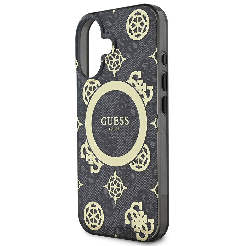 Apple iPhone 16 Plus Case Guess Original Licensed M-safe Charging Feature 4G Patterned IML Text Logo Peony Cover Brown